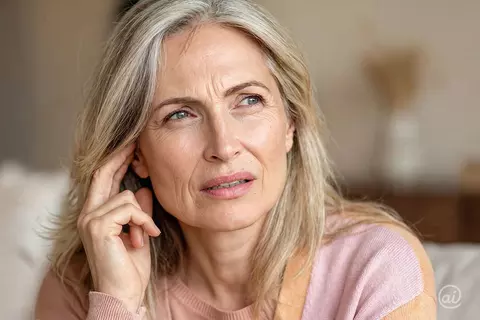 Frau mit langen, grauen Haaren blickt nachdenklich und berührt ihr Ohr, möglicherweise Anzeichen für Ohrbeschwerden.