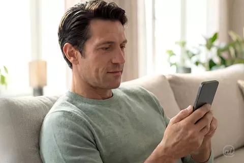 Entspannt sitzender Mann nutzt sein Smartphone auf dem Sofa im Wohnzimmer.
