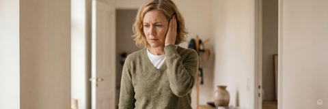 Eine blonde Frau in einem grünen Pullover steht in einem hellen Raum und hält ihre Hand mit schmerzverzerrtem Gesicht an ihr rechtes Ohr.