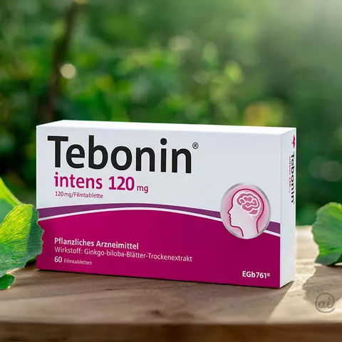 Tebonin intens 120 mg Filmtabletten neben Ginkgo-Blättern, dargestellt in einer natürlichen Umgebung.