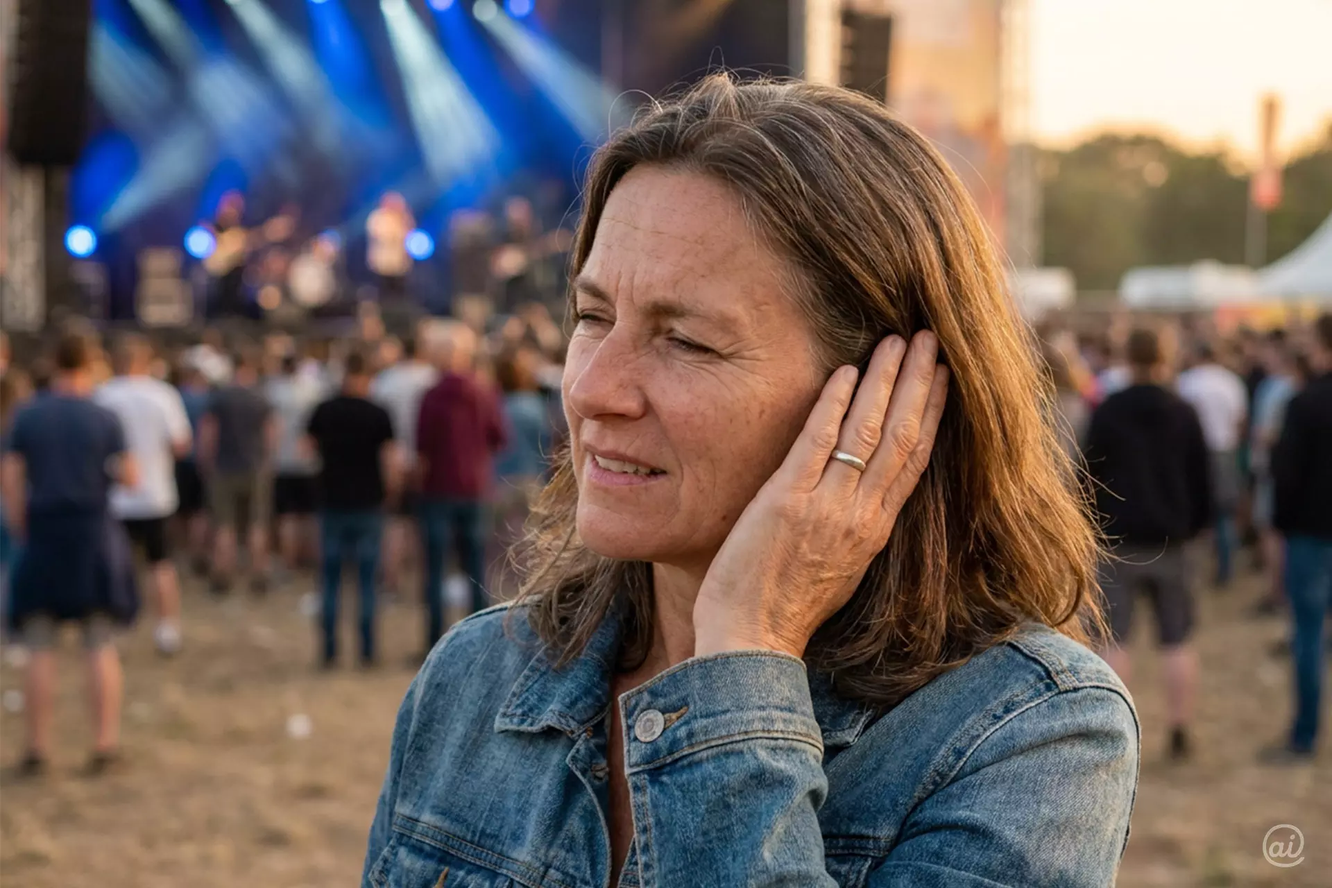 Eine Frau mittleren Alters steht auf einem Open-Air-Konzert in einer Menschenmenge und hält sich eine Hand ans Ohr.