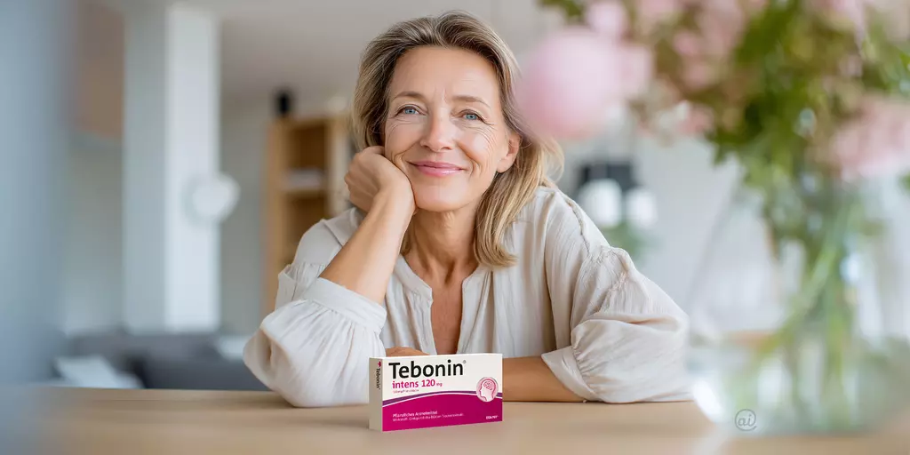 Lächelnde Frau sützt sich mit einem Ellenbogen auf den Tisch. Vor ihr steht eine Packung Tebonin® intens.