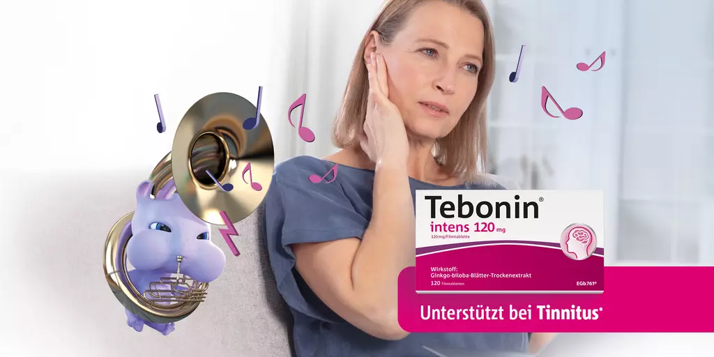 Composing aus Bild einer Frau, die sich wegen Tinnitus das Ohr hält und der Illustration eines Plagegeistes, der ihr ins Ohr bläst. Außerdem ist eine Packung Tebonin intens und der Schriftzug "Unterstützt bei Tinnitus?" abgebildet.