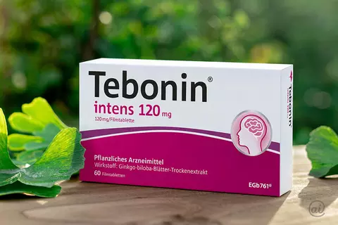 Tebonin intens 120 mg Filmtabletten neben Ginkgo-Blättern, dargestellt in einer natürlichen Umgebung.