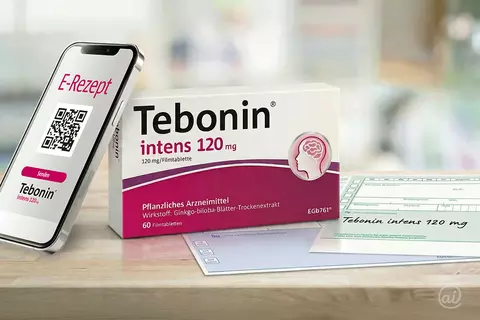 Tebonin intens 120 mg Packung mit Smartphone, das ein E-Rezept anzeigt, und einem Papier-Rezept auf dem Tisch.