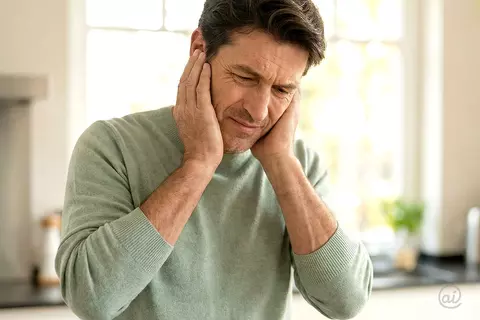 Leiden durch Ohrgeräusche: Mann greift sich mit beiden Händen verzweifelt an die Ohren.