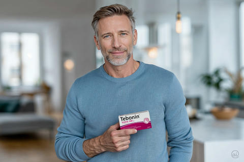 Mann mittleren Alters in einem hellblauen Pullover präsentiert eine Tebonin intens 120 mg-Packung, zu Hause in heller, freundlicher Umgebung.