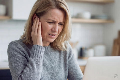 Frau mittleren Alters hält sich wegen lauten Geräuschen besorgt das Ohr.