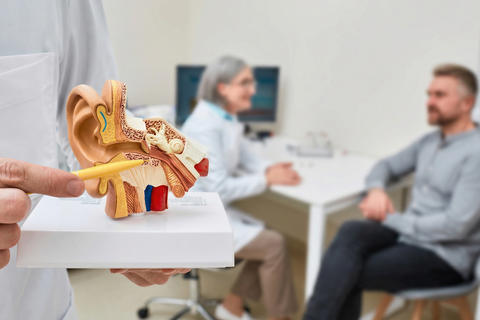 Im Vordergrund zeigt eine Fachperson mit einem Stift auf ein detailliertes Ohrmodell, im Hintergrund findet ein Beratungsgespräch mit einer weiteren Ärztin und einem Patienten statt.