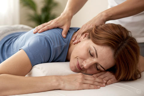 Entspannte Frau erhält eine Massage, während sie die Augen geschlossen hält und lächelt