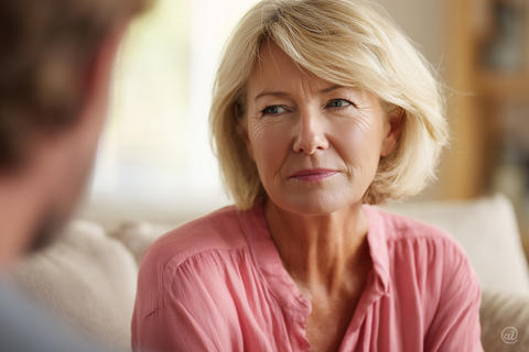 Nahaufnahme einer nachdenklichen Frau, die einen Mann im Gespräch anschaut.