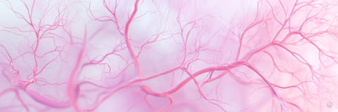 Medizinisches Motiv mit verästelten Nervenbahnen in rosa Tönen.
