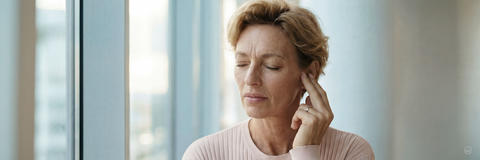 Nachdenkliche Frau mit geschlossenen Augen berührt ihr Ohr, Ausdruck von Unbehagen oder Schmerzen.