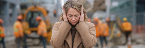 Eine vom Baustellenlärm überforderte Frau hält sich verzweifelt die Ohren zu, um dem lauten Geräusch zu entfliehen.