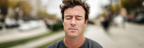 Porträt eines Mannes mit zusammengezogenen Augenbrauen und geschlossenen Augen, wirkt belastet.