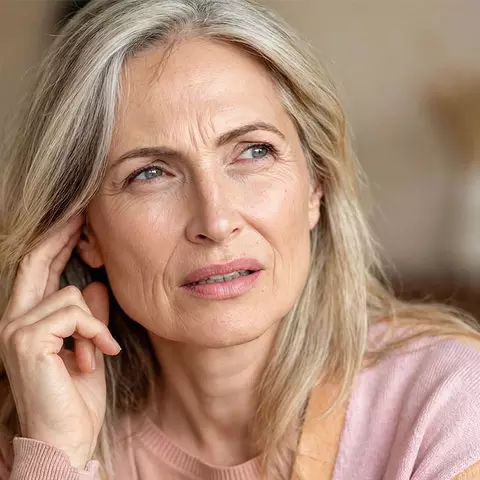 Frau mit langen, grauen Haaren blickt nachdenklich und berührt ihr Ohr, möglicherweise Anzeichen für Ohrbeschwerden.